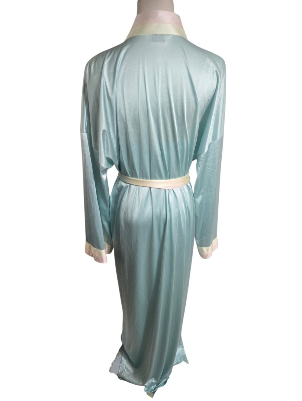 Vanity Fair Vintage Aqua Satin Long Robe &Nightie Set Pale Pink and Cream Trim - Picture 4 of 14